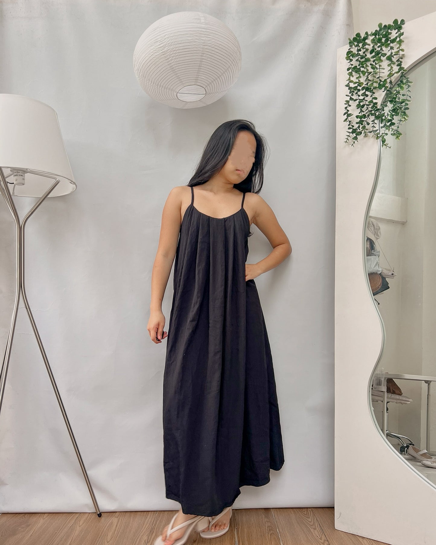 black pleated insane quality back tied maxi dress with thin straps Y14