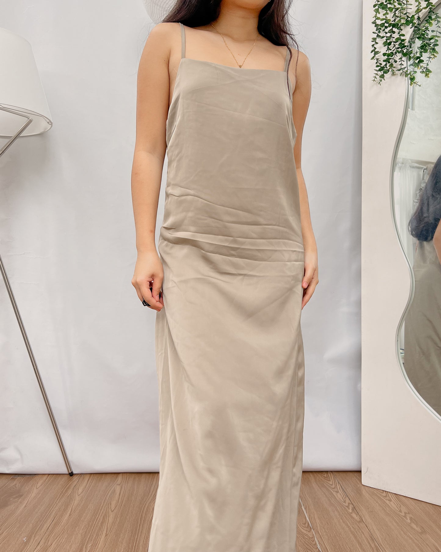 taupe slip square neck high quality silk with inner lace bottom detail dress Y29
