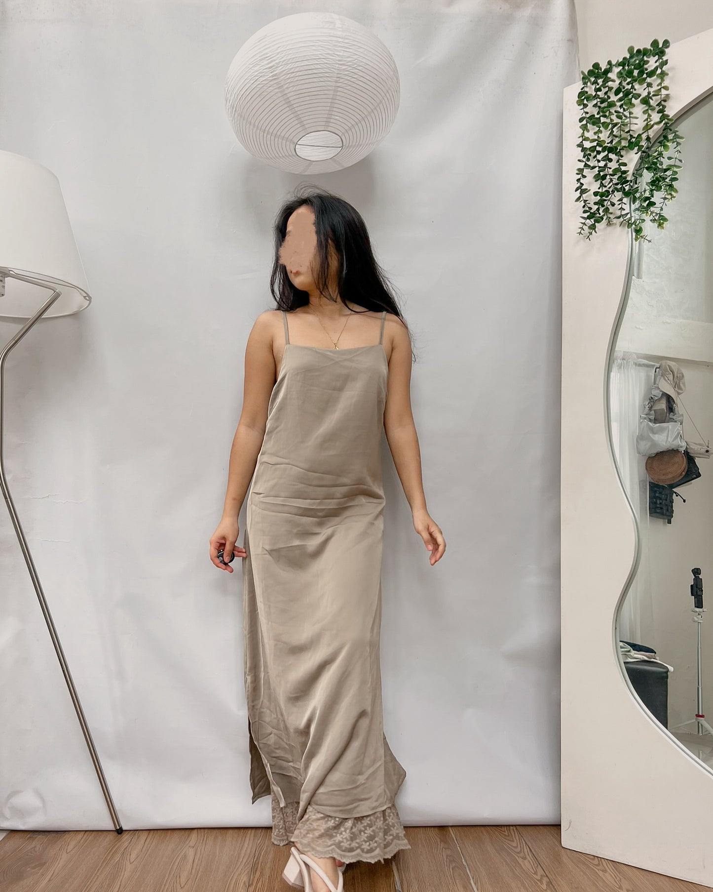 taupe slip square neck high quality silk with inner lace bottom detail dress Y29