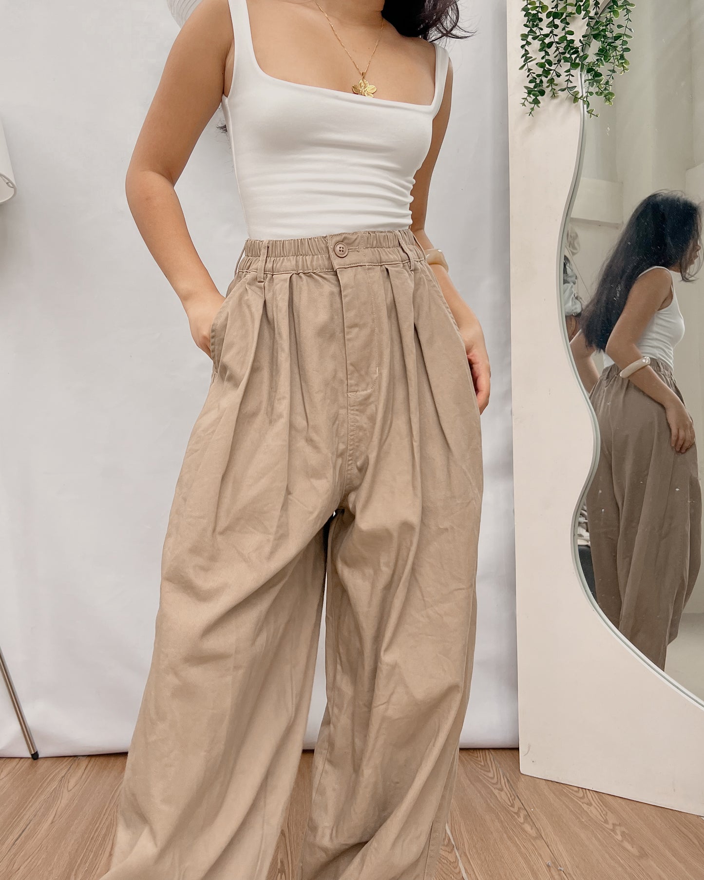 high quality garterized wide leg soft denim pants V21