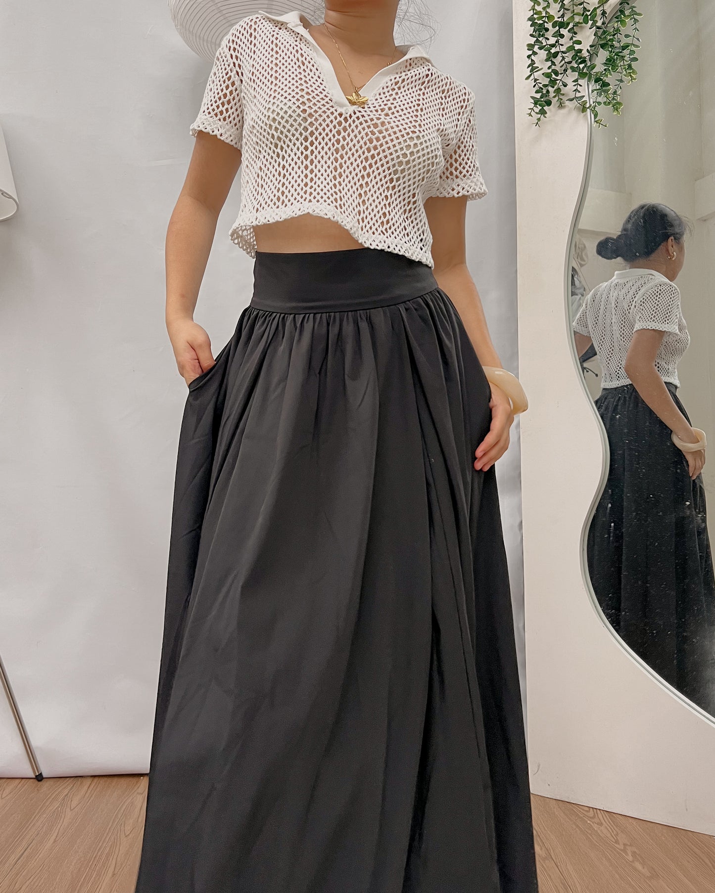 black high waist full length a-line maxi skirt C4