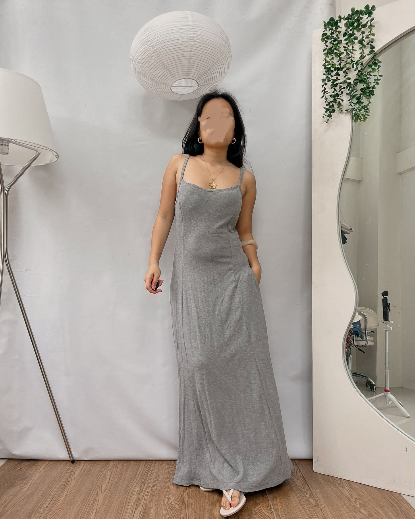 padded simple high quality gray maxi dress with pocket Y23
