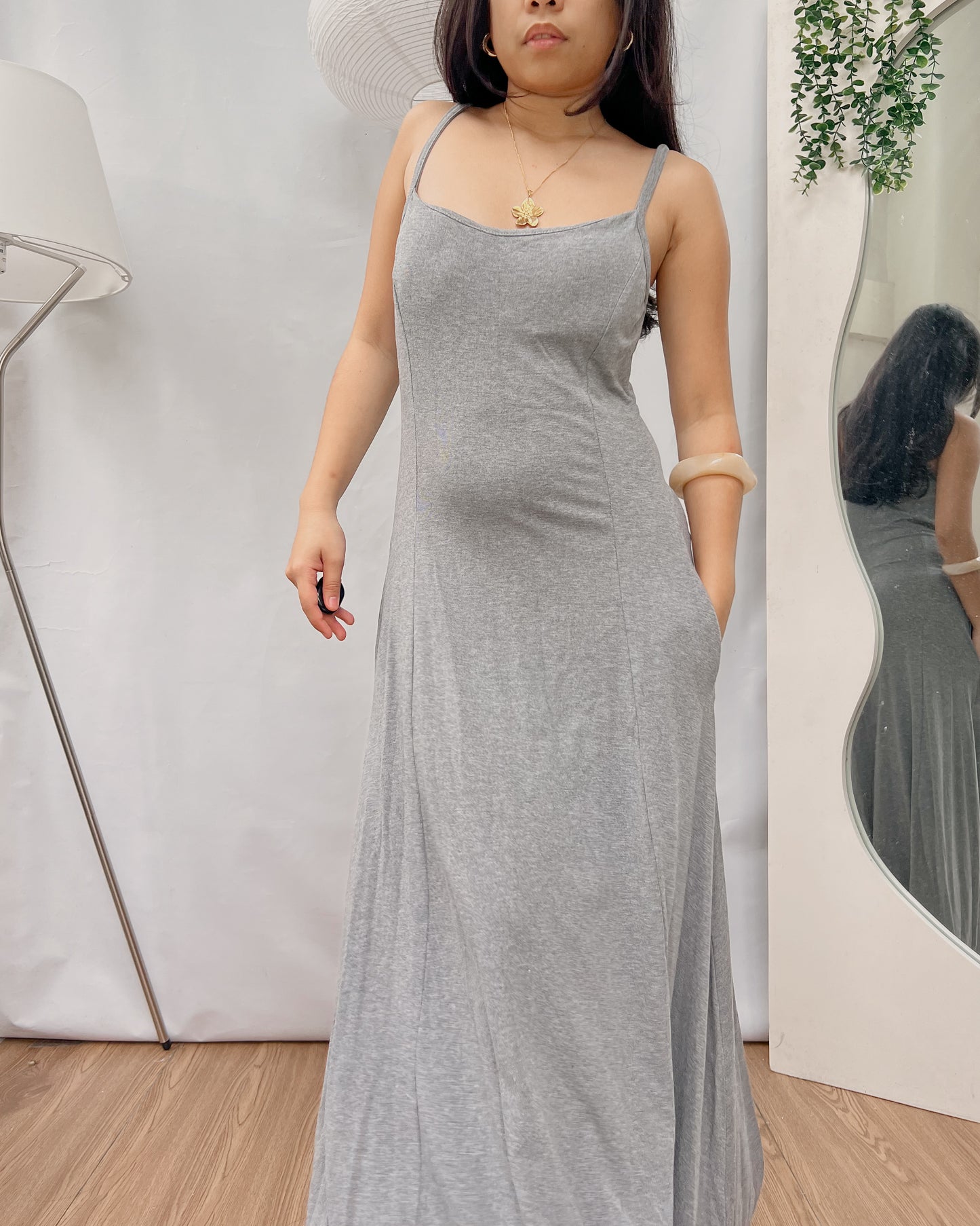 padded simple high quality gray maxi dress with pocket Y23