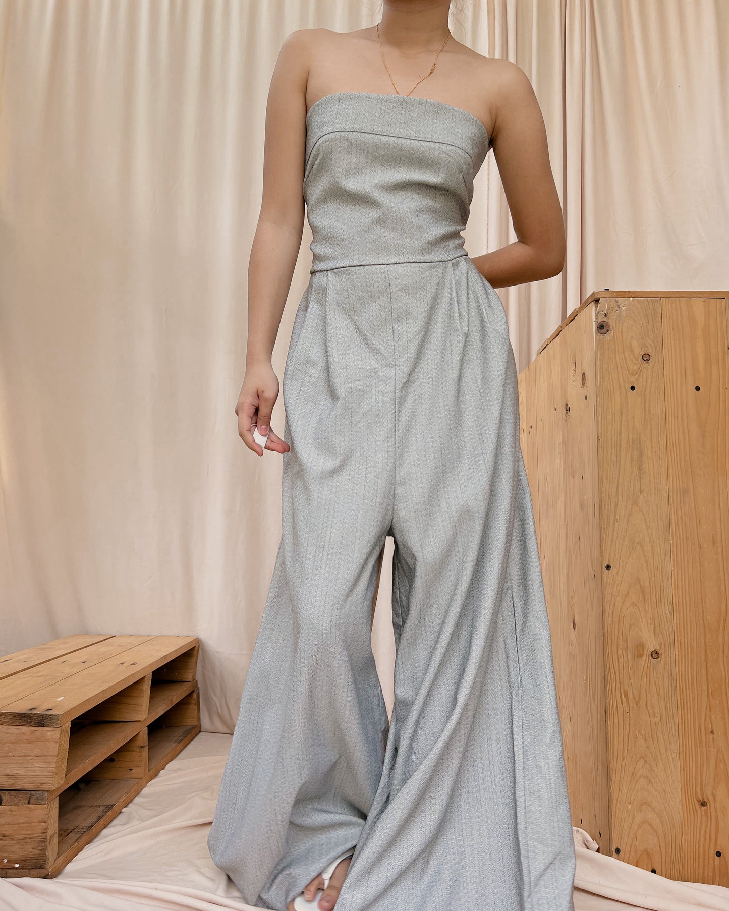 grey textured tube romper pants with oversize legs