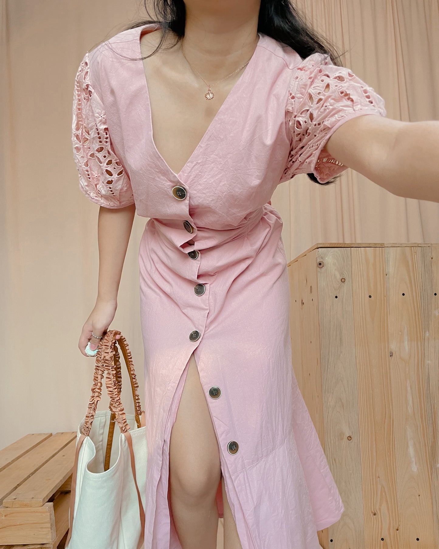 Linen pink button down maxi puff sleeve dress with back tie