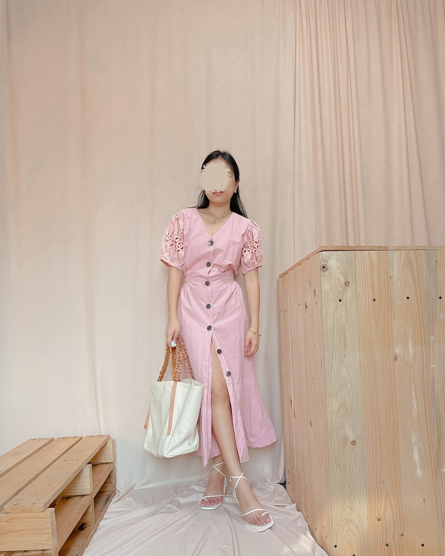 Linen pink button down maxi puff sleeve dress with back tie
