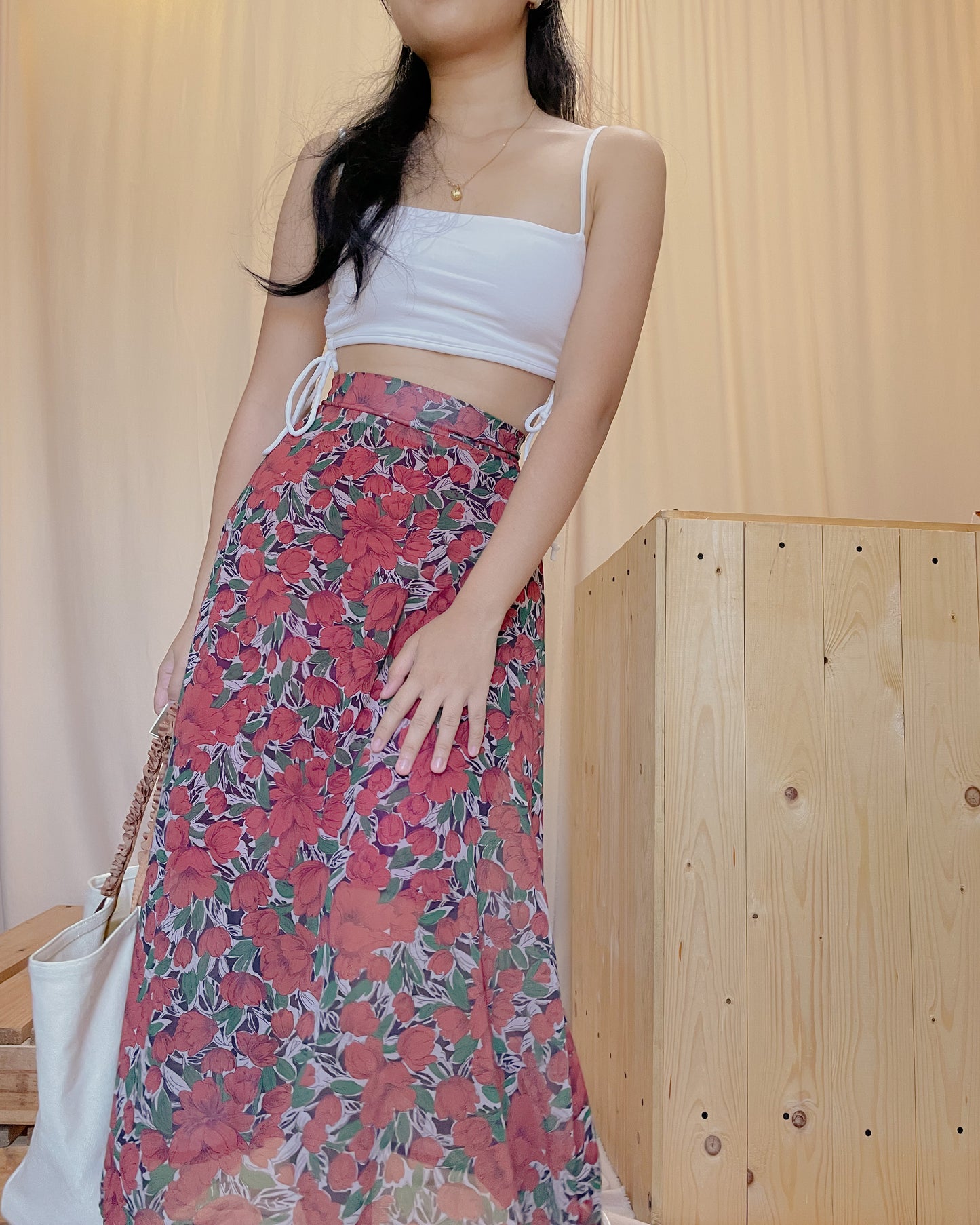 62. red flowy midi skirt with floral print design A34