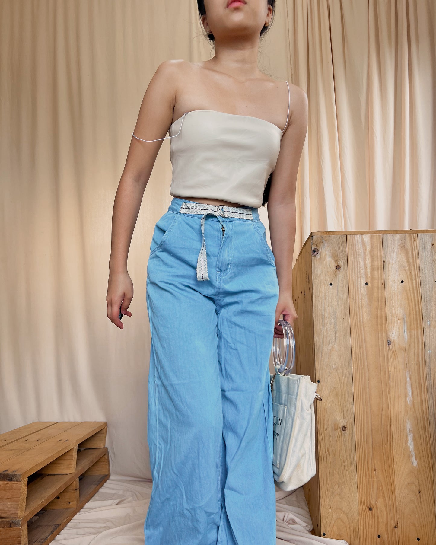 soft denim wide leg pants with belt design L1