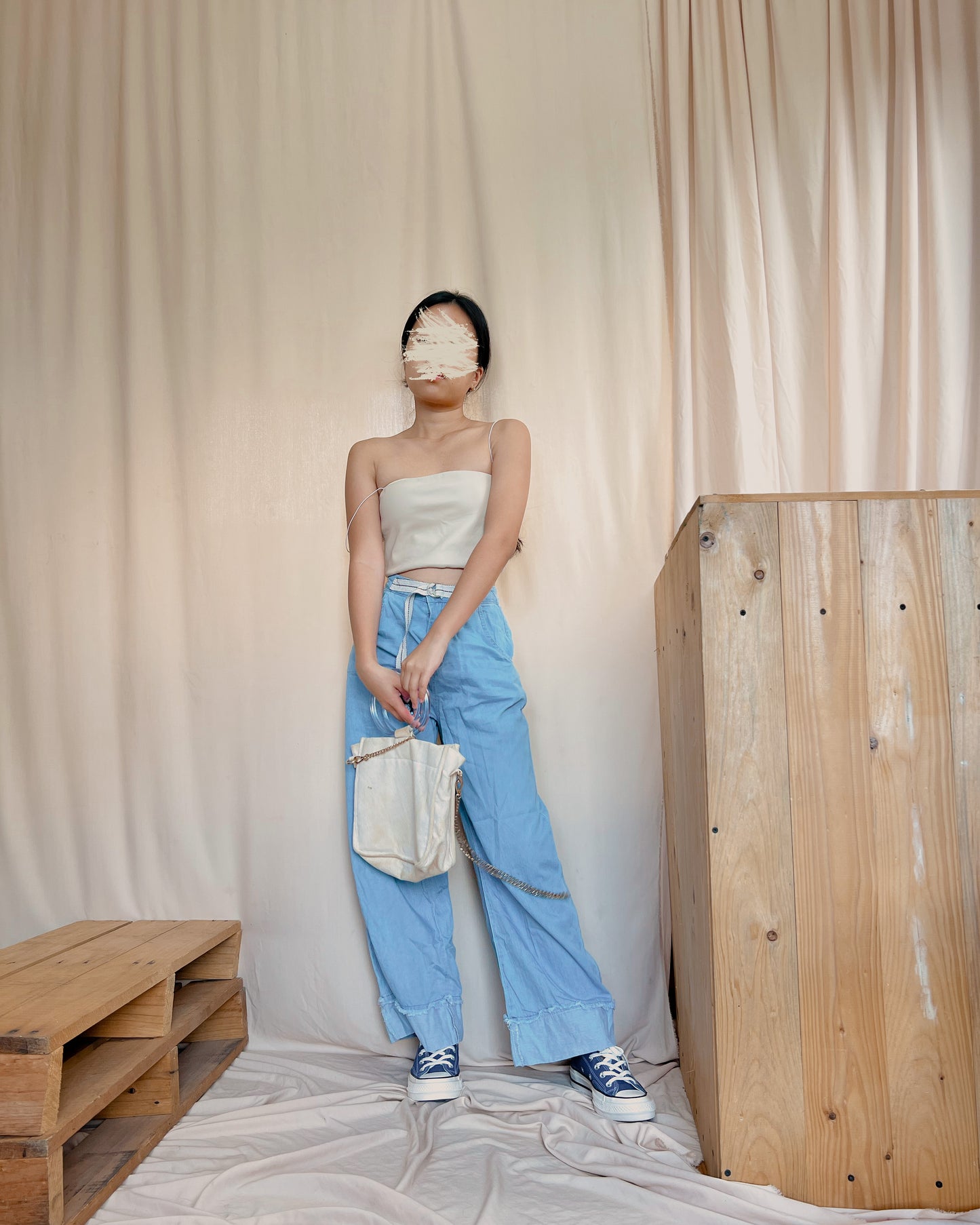 soft denim wide leg pants with belt design L1