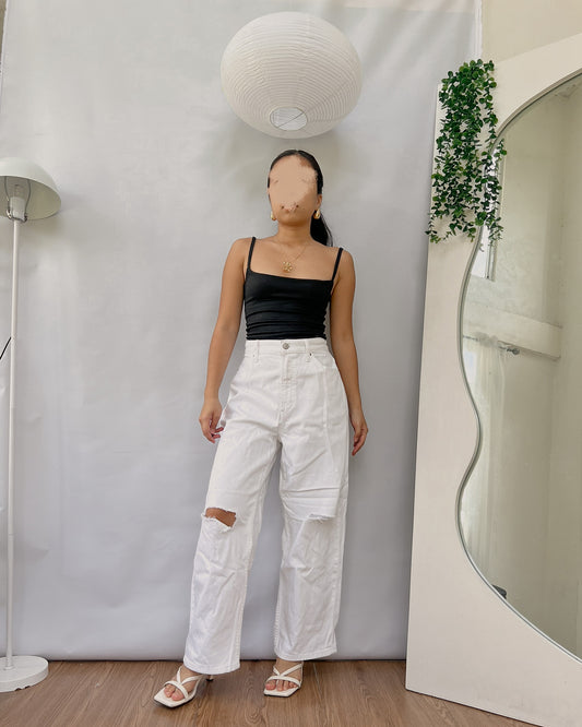 UNIQL0 white tattered denim wide leg pants F35