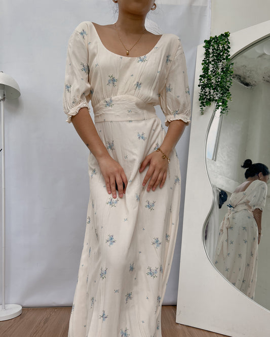 most favee high quality linen puff sleeves floral dress