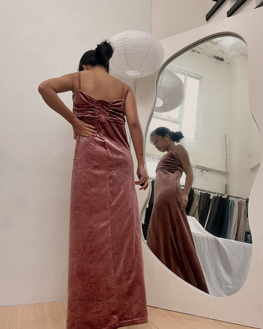 velvet with ruching bust design maxi dress