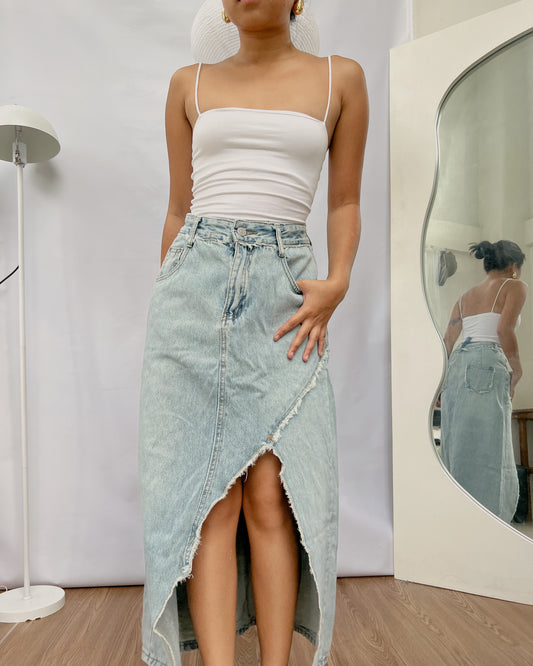 favorite light washed with side slit maxi denim skirt K11