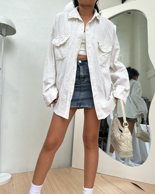 white soft corduroy button down cover up