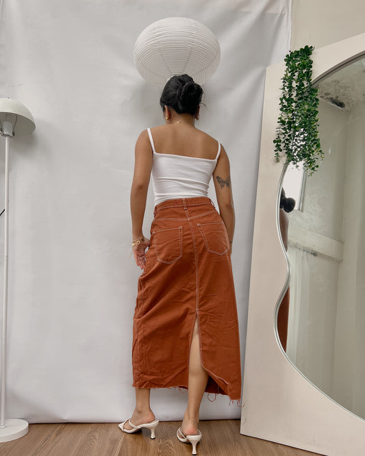 BERSHK@ rustic brown contrast stitch maxi skirt with raw hemline S18