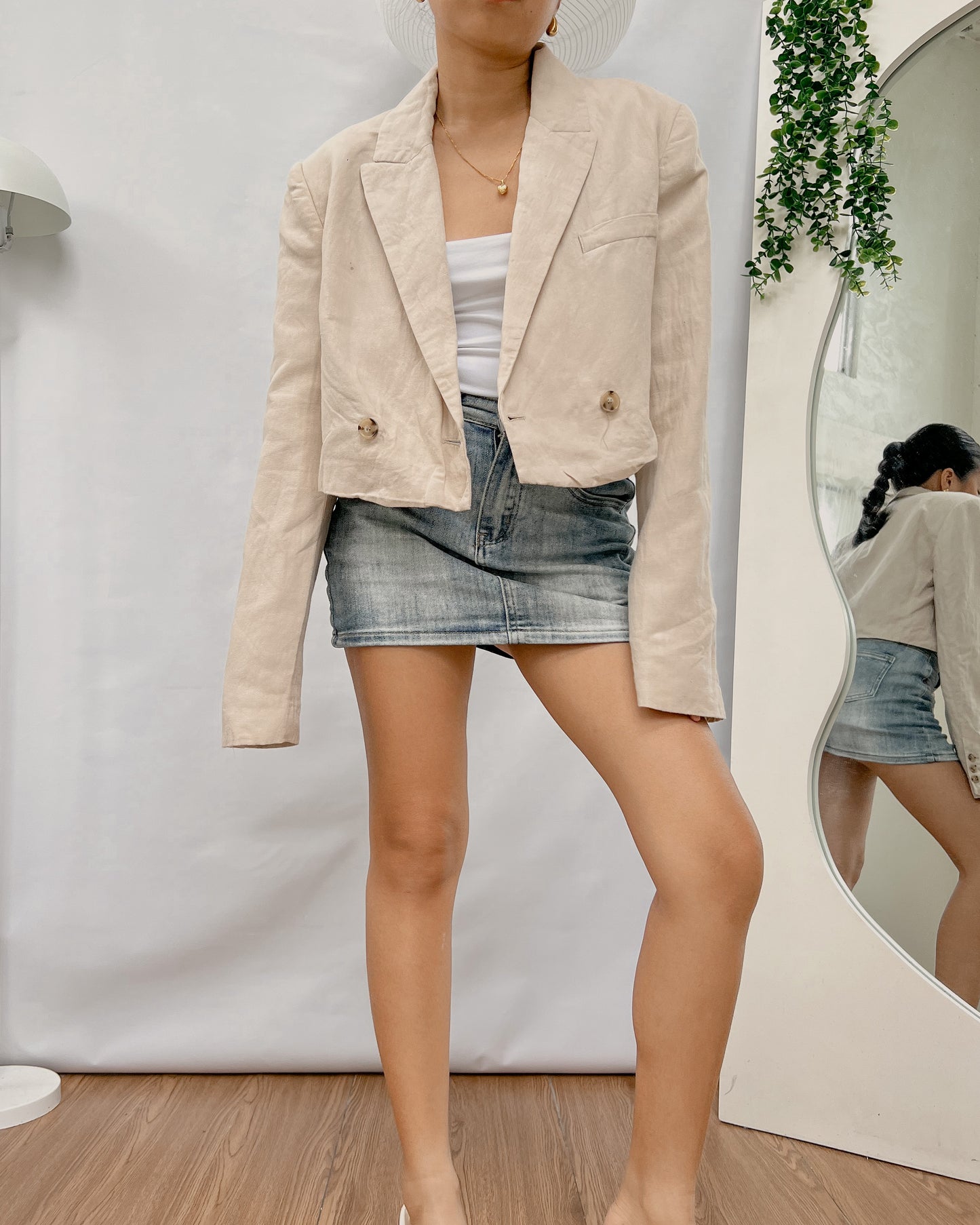ZARA line double luned cream cropped blazer