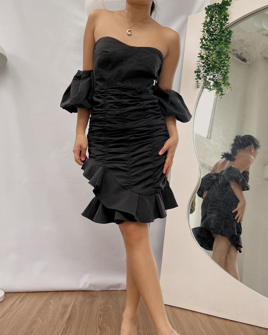 black bustier with ruching detail and puff sleeves dress