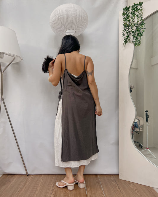 linen grayish midi dress with side ties and white slip underneath Y12
