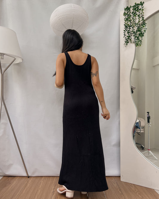 high quality black ribbed knit straight cut maxi dress Y6