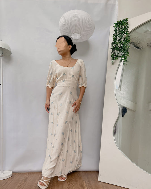 most favee high quality linen puff sleeves floral dress