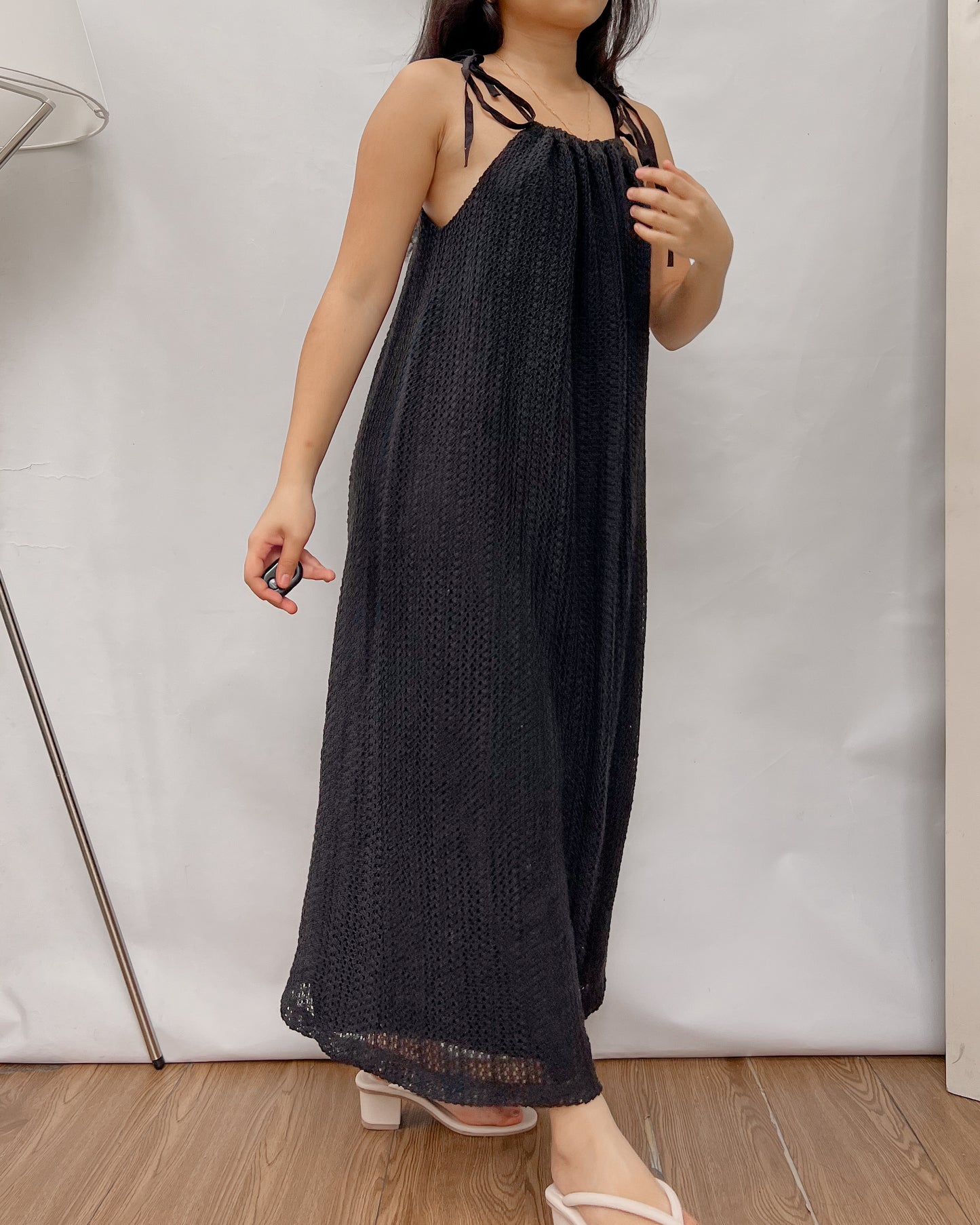 black knitted double lining maxi dress with tie straps Y13