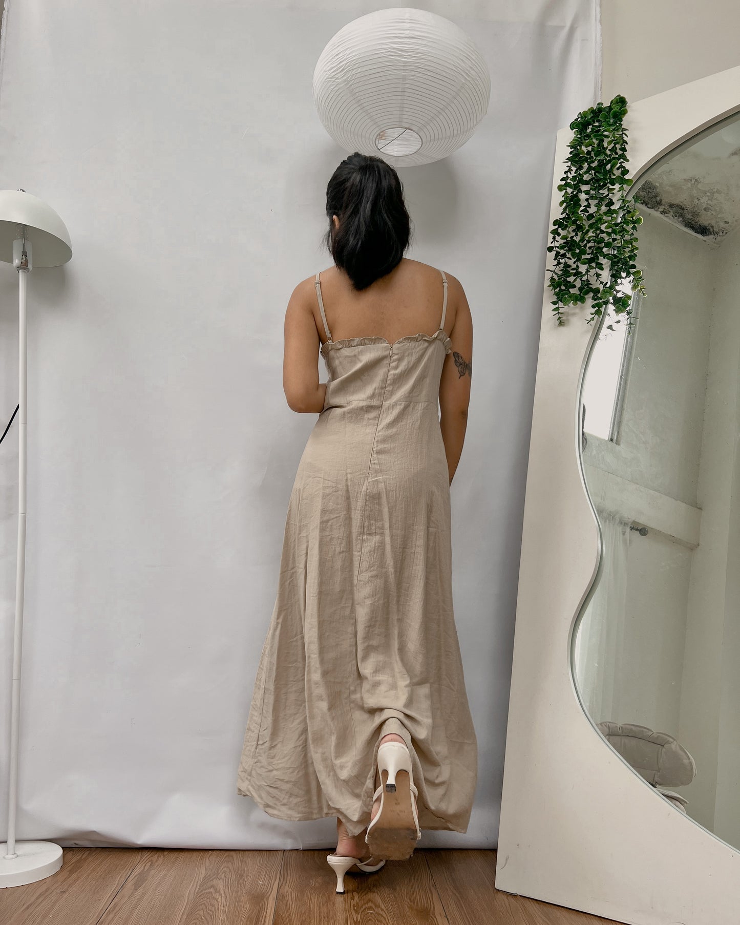 linen spaghetti strap maxi dress with curled bust hemline