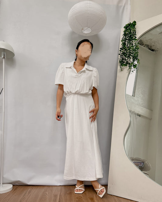 white collared shirt dress with open back detail