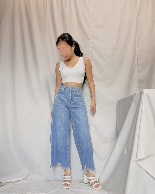 UNIQL0 light washed raw hem wide leg denim pants A21