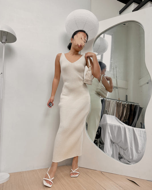 white ribbed knit V-neck maxi body hugging dress