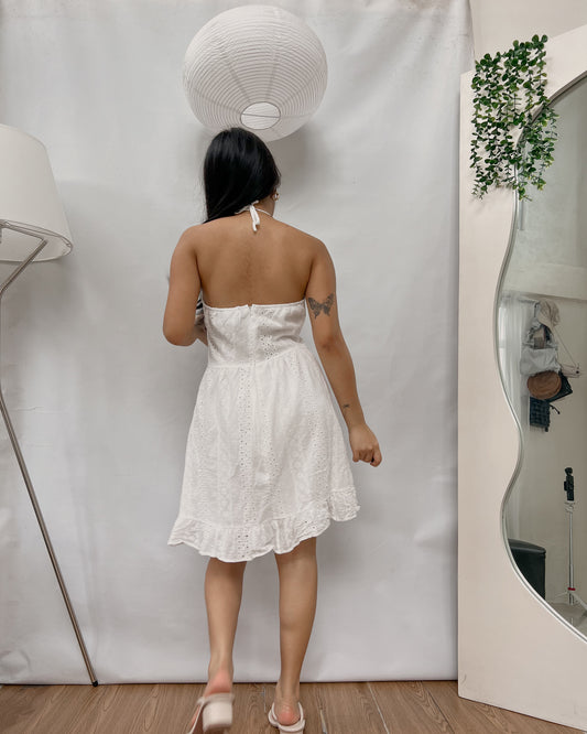 white eyelet halter mini dress