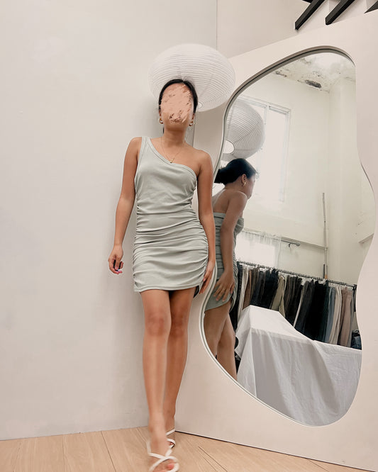 ribbed mint green mini dress with ruching side detail