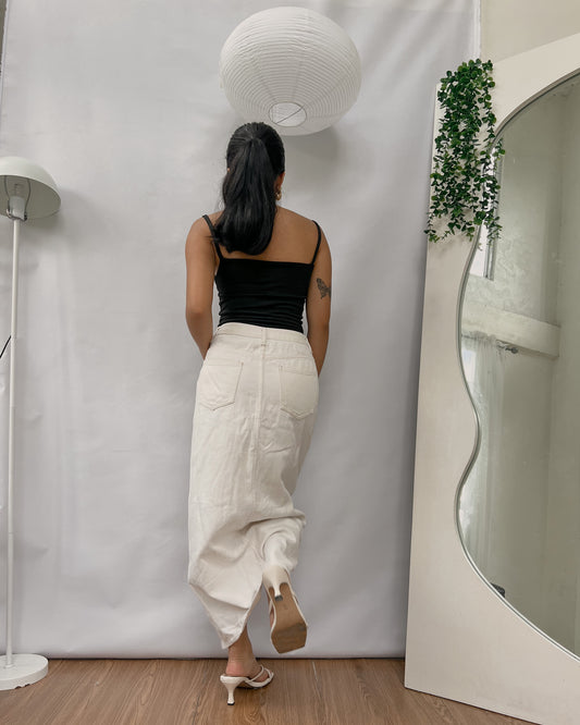 nude denim maxi skirt with mid front slit F31