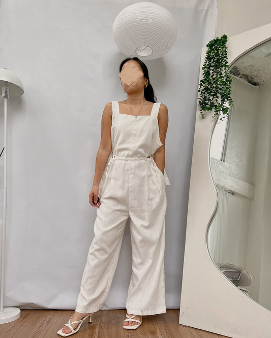 soft denim off white romper pants with waist cinch