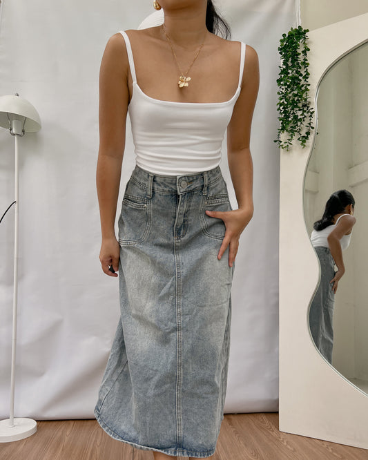 favee black acid washed denim maxi skirt F5