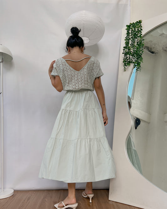 eyelet tiered linen pastel green dress