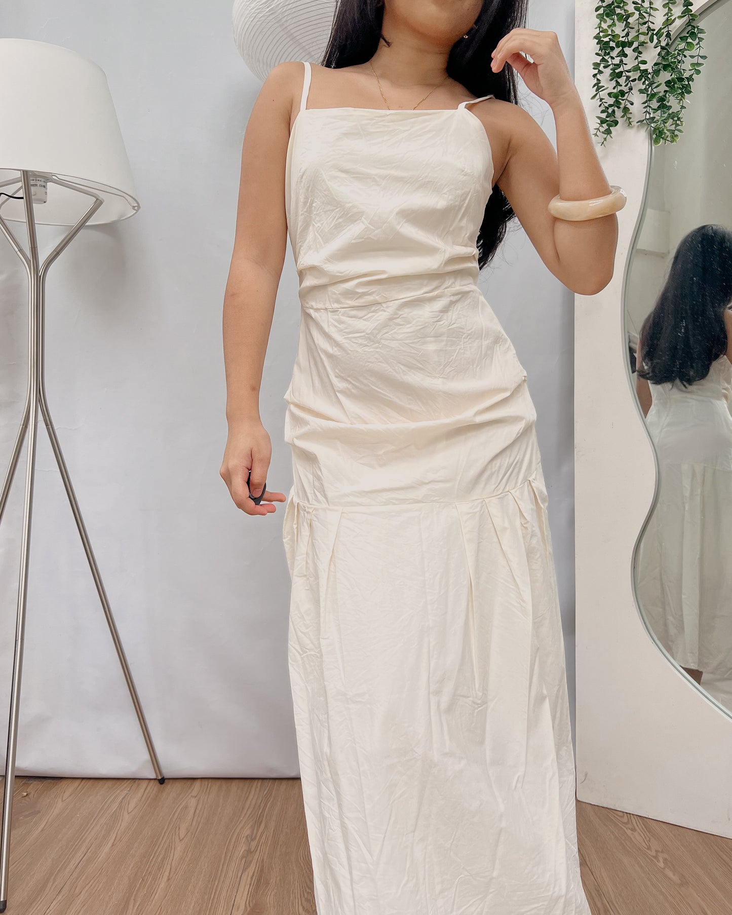 Nylon double lined cream fitted maxi dress
