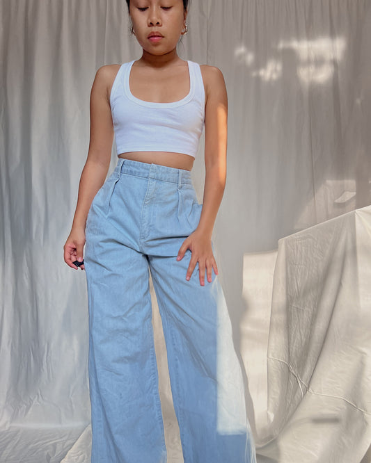 light washed denim pleated wide leg pants (A2)