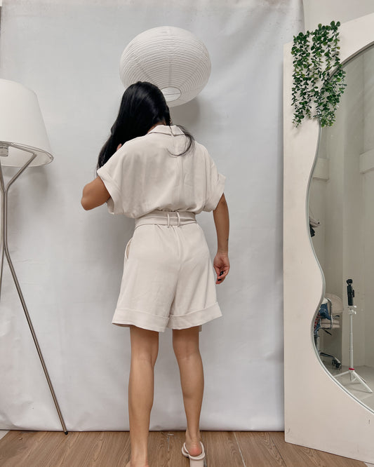 High quality cream double-breasted belted romper Y42