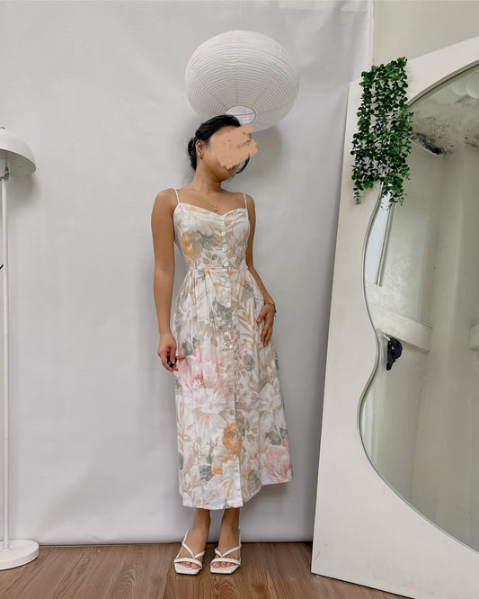 H&M high quality linen floral smocking back dress