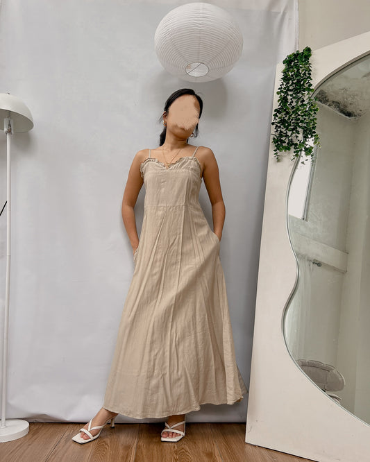 linen spaghetti strap maxi dress with curled bust hemline