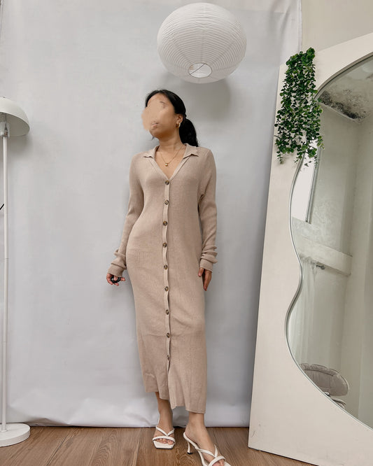 brown collared button down ribbed knit dress