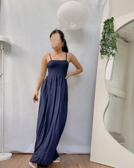 navy blue linen smocked maxi dress