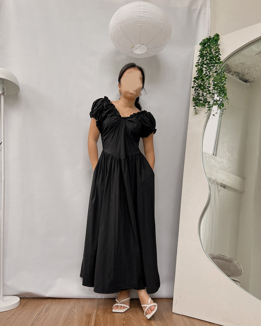 black pleated maxi dress with pockets