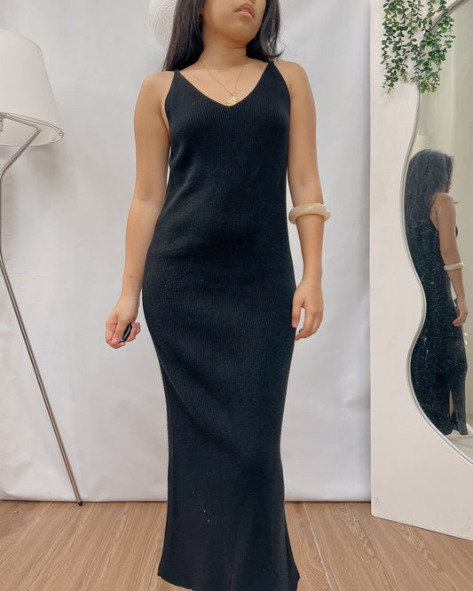 casual black ribbed knit maxi dress Y11