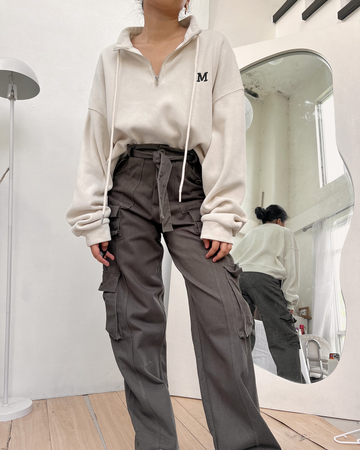 army green denim cargo pants with detachable waist tie (K33)