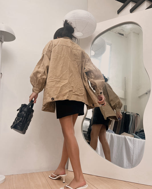 linen blend puffy sleeves brwon button down