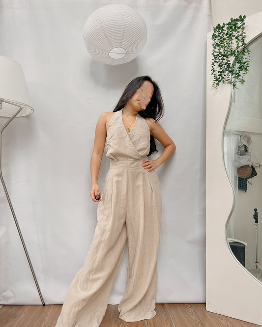 Favorite high quality double lined linen beige halter wide-leg backless jumpsuit Y33