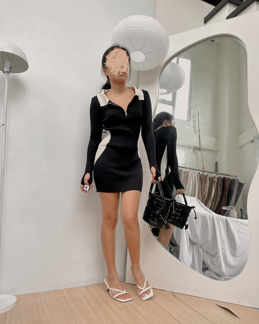 black and white body hugging ribbed knit collared dress