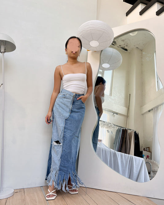 favorite raw hem two toned denim maxi skirt (V9)