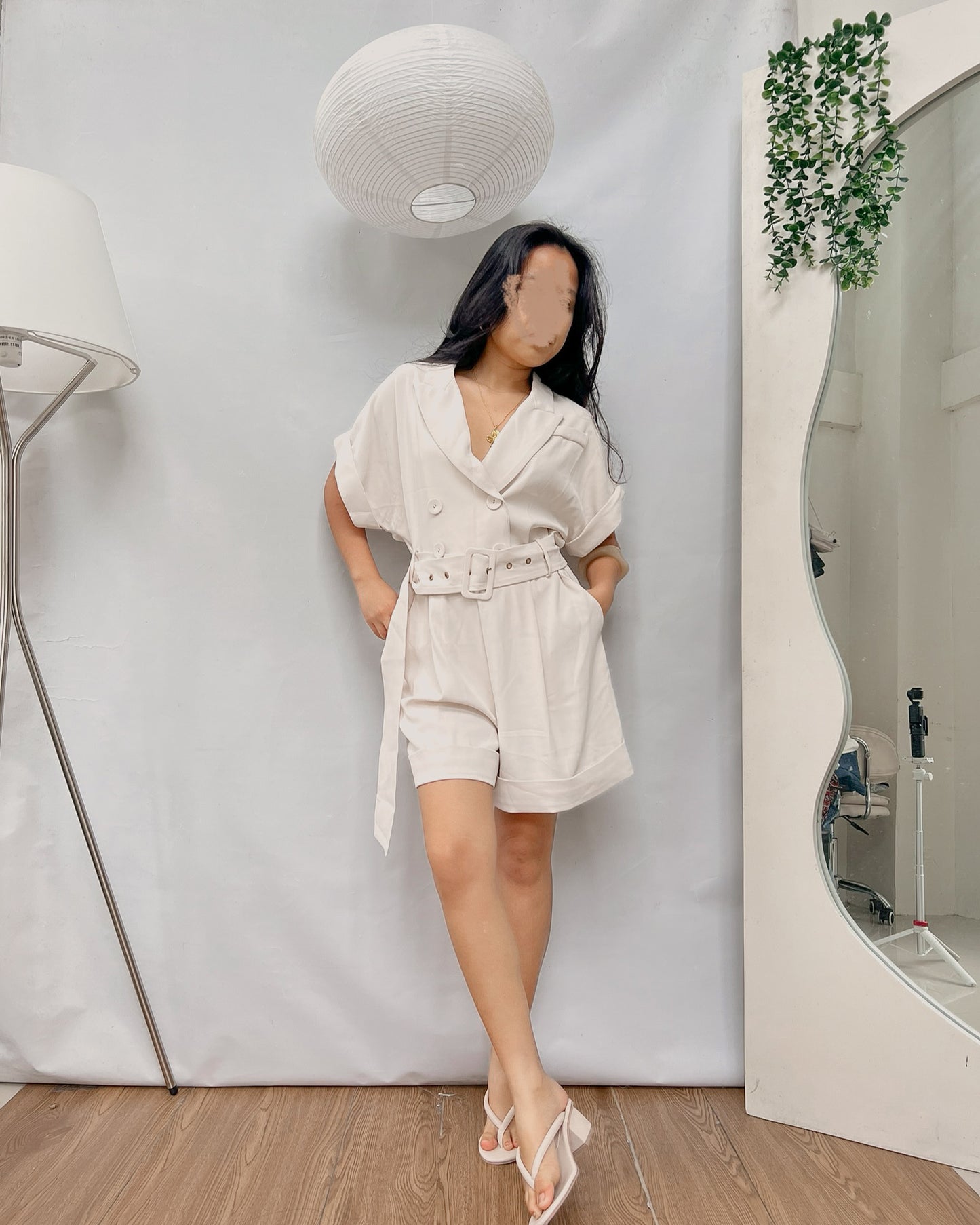 High quality cream double-breasted belted romper Y42